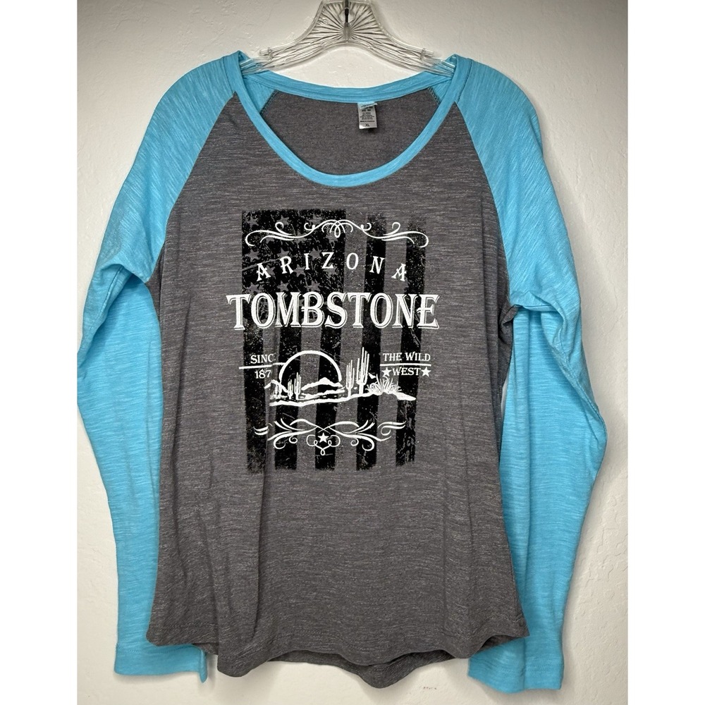 Arizona Tombstone Long Sleeve Tee Women's Size XL Gray Blue Desert Glitter Wild